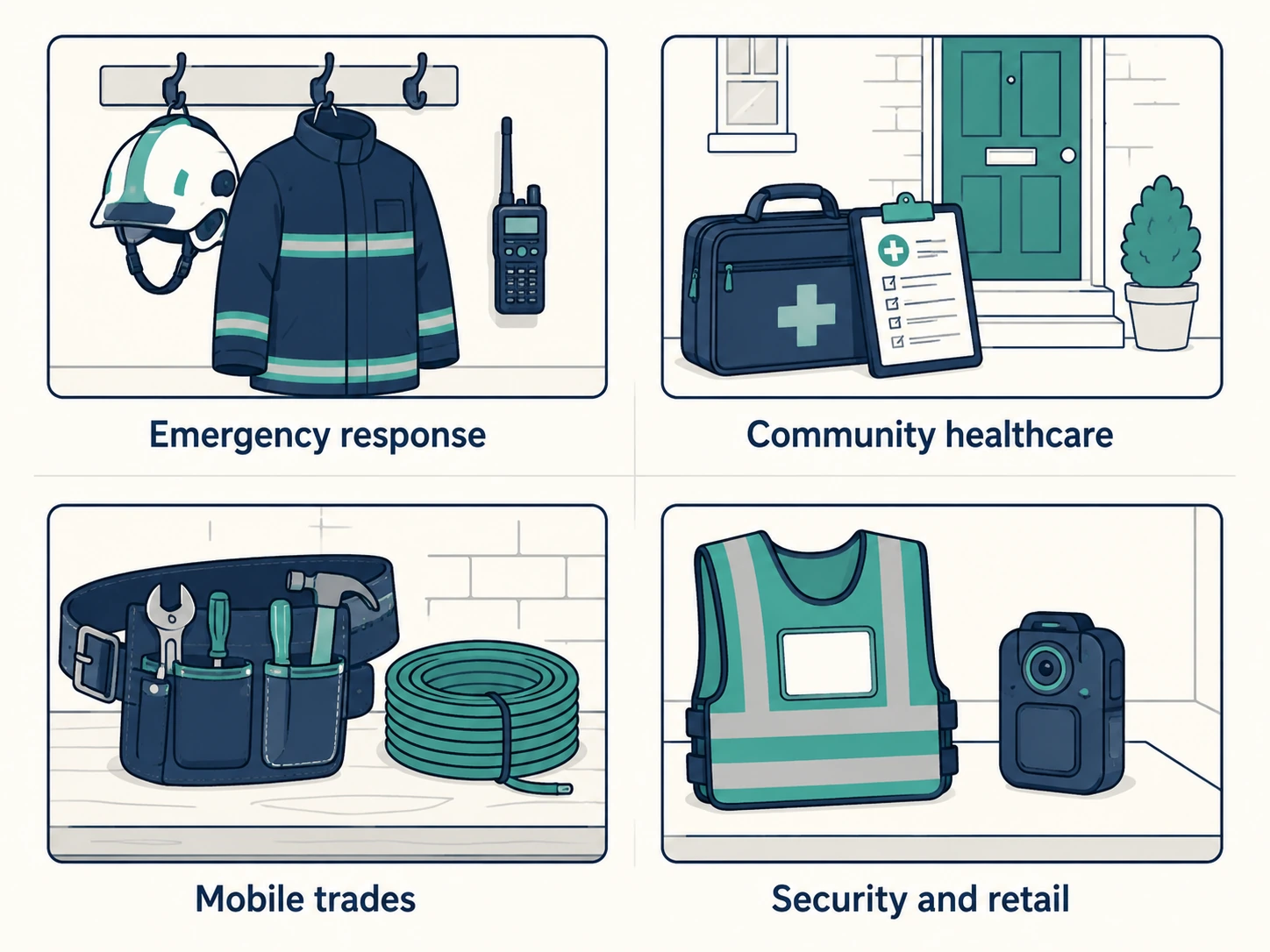 Four-panel illustration showing sectors that rely on dynamic risk assessment