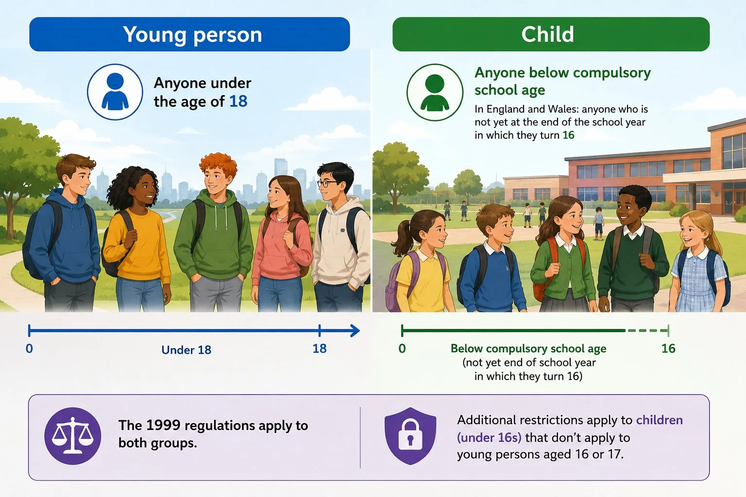Comparison of the legal definitions of a young person and a child under UK health and safety law