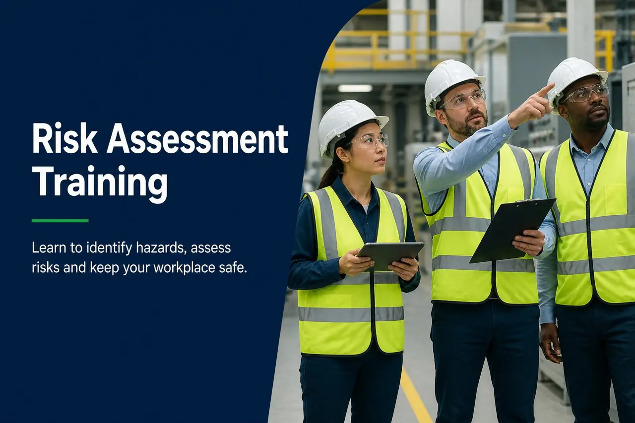 Manager carrying out a workplace risk assessment with a checklist